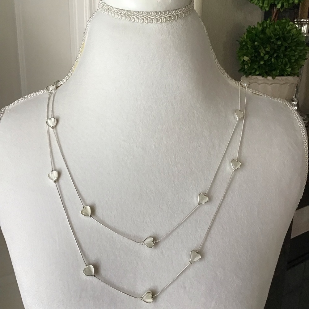 Valentine Hearts Necklace Cascade 2-Strand White Pearl Look Love Romantic NEW - Picture 6 of 11